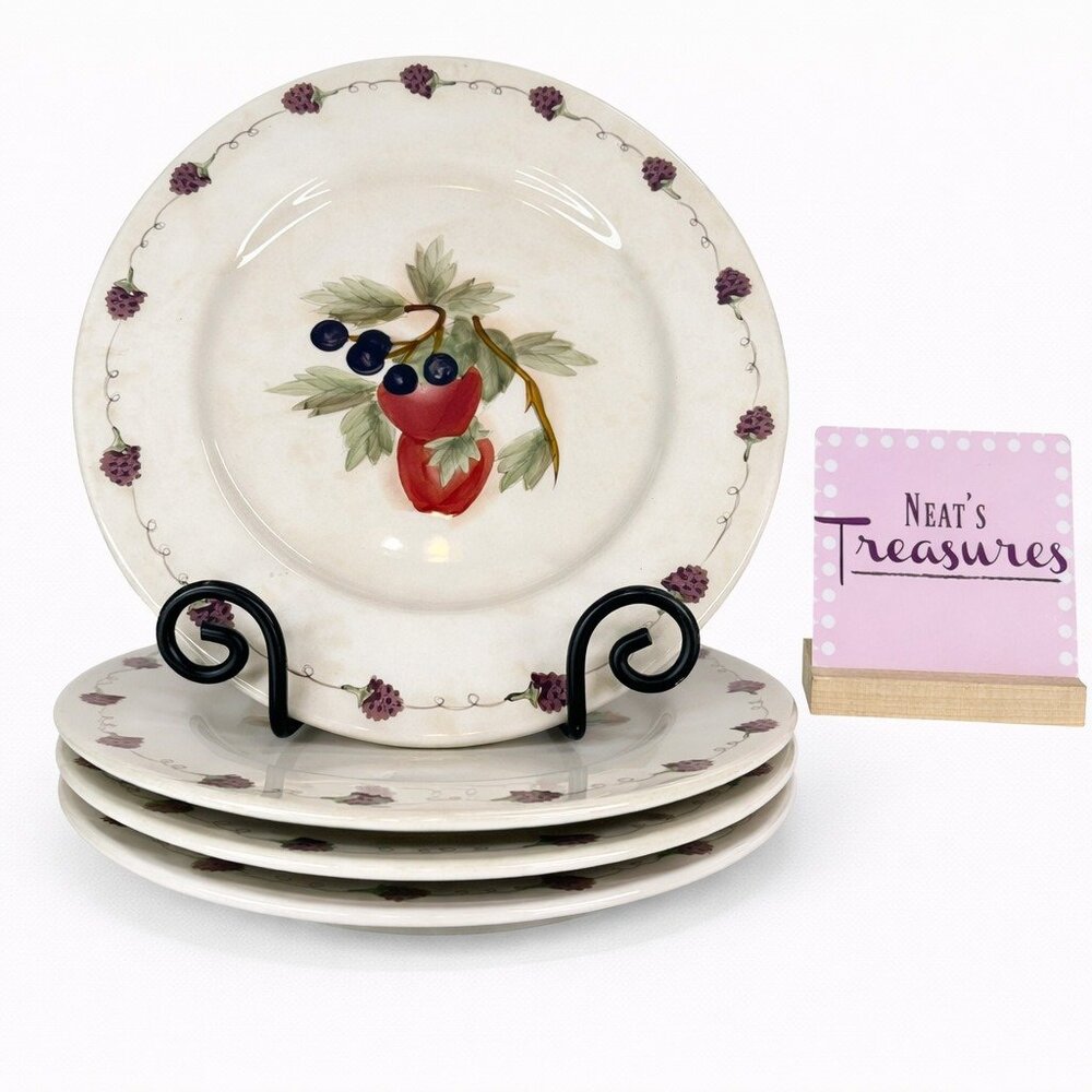 KIC Handpainted FRESH FRUIT Red Apples Blue Berries Ceramic Dinner Plates Set 4